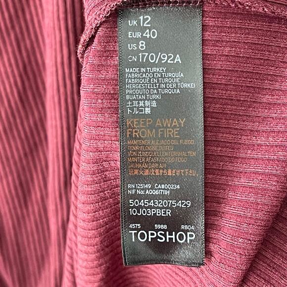 Topshop Ribbed Maroon Bodycon Lettuce Hem Long Sleeve Fall V neck Midi Dress 8 - Picture 7 of 10